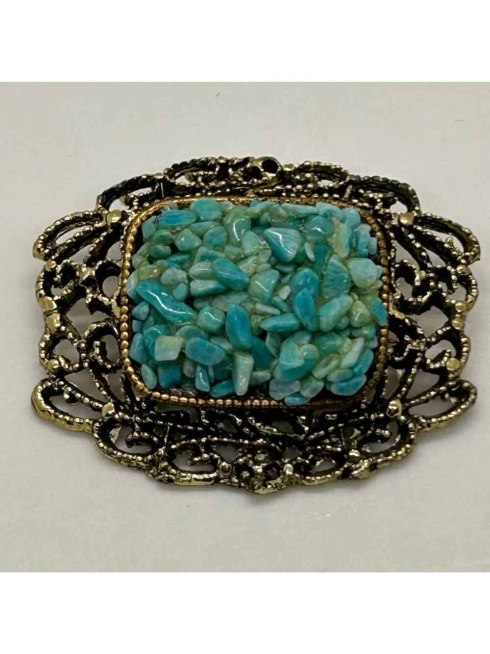Vintage Filigree Brooch Turquoise Colored Nugget Chips Gold-Tone Textured Pin
